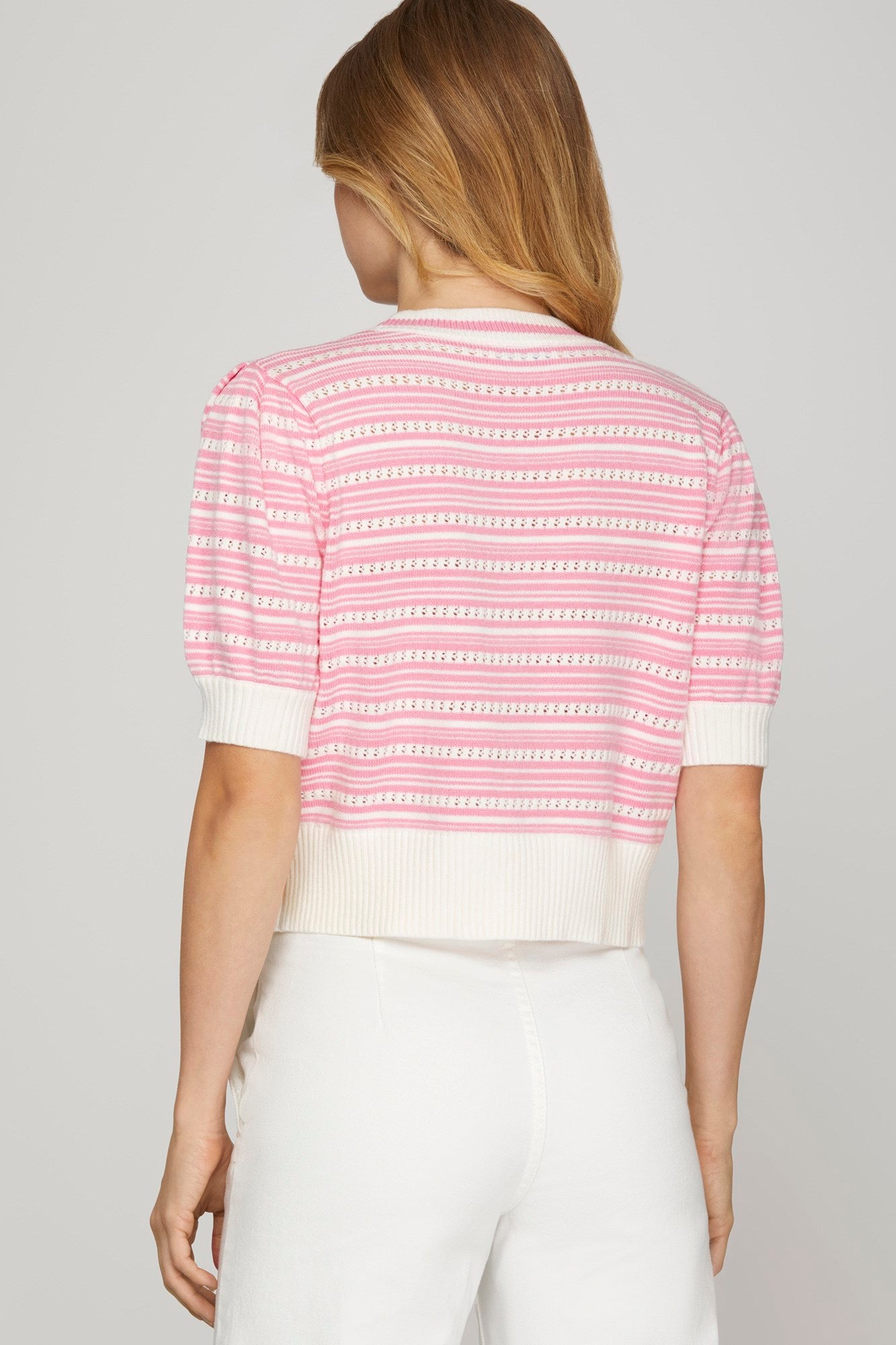 Striped Puff Sleeve Bow Front Cropped Cardigan-Pink