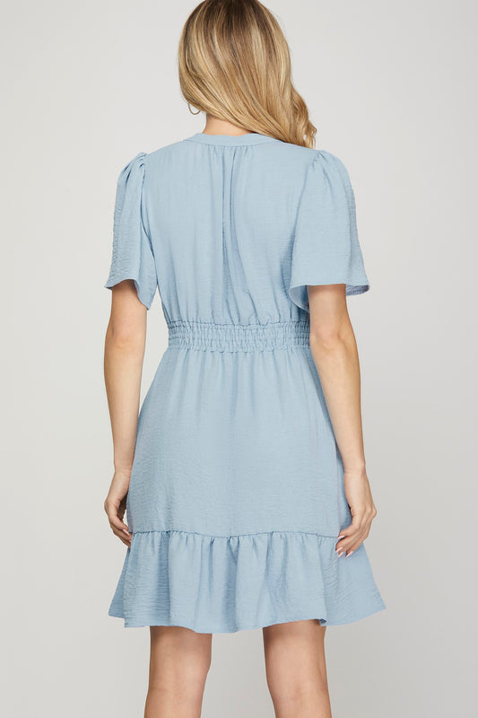 Solid Gathered Waist Bell Sleeve Dress-Blue