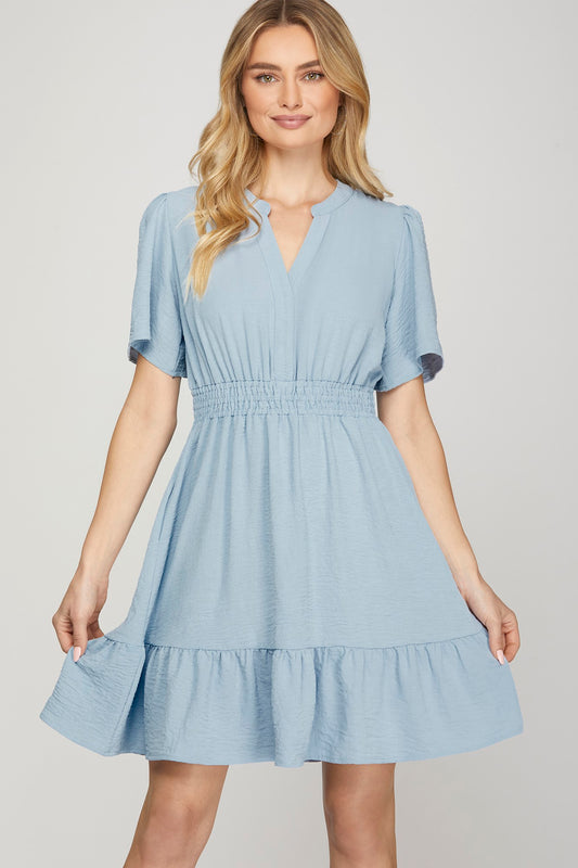 Solid Gathered Waist Bell Sleeve Dress-Blue
