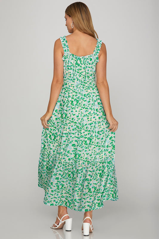 Geo Small Floral Ruffle Strap Tiered Midi Dress-Green