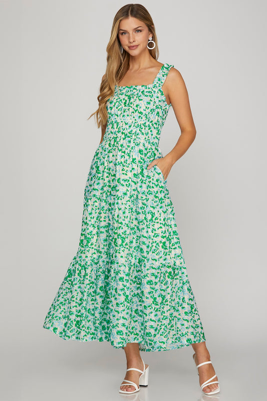 Geo Small Floral Ruffle Strap Tiered Midi Dress-Green