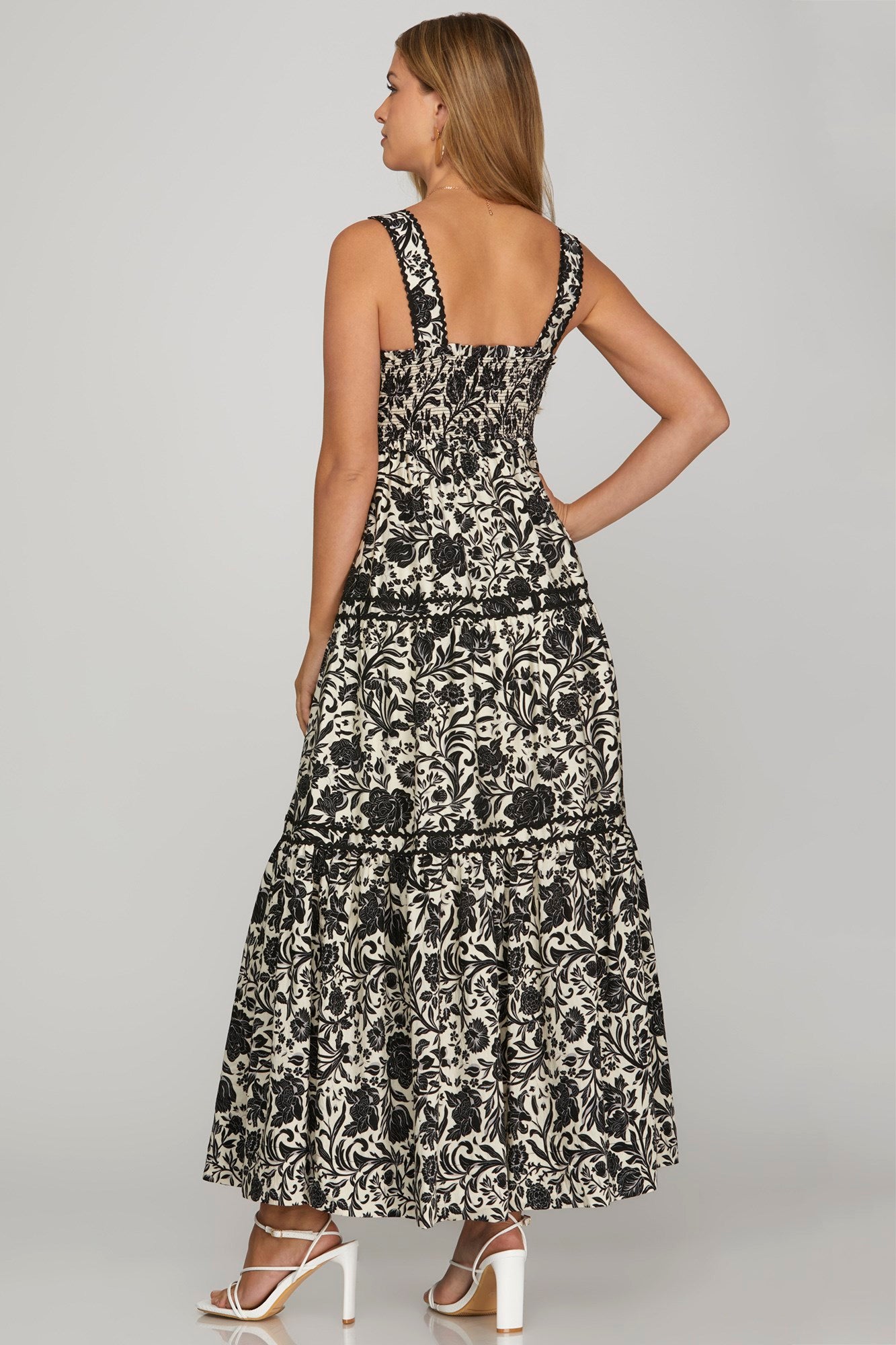 Sleeveless Floral Maxi Dress w/ Ric Rac Tiered Trim-Black