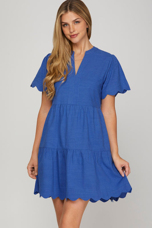Solid Scallop Sleeve & Hem V-Neck Dress
