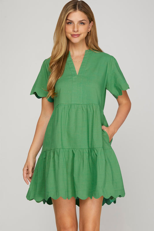 Solid Scallop Sleeve & Hem V-Neck Dress