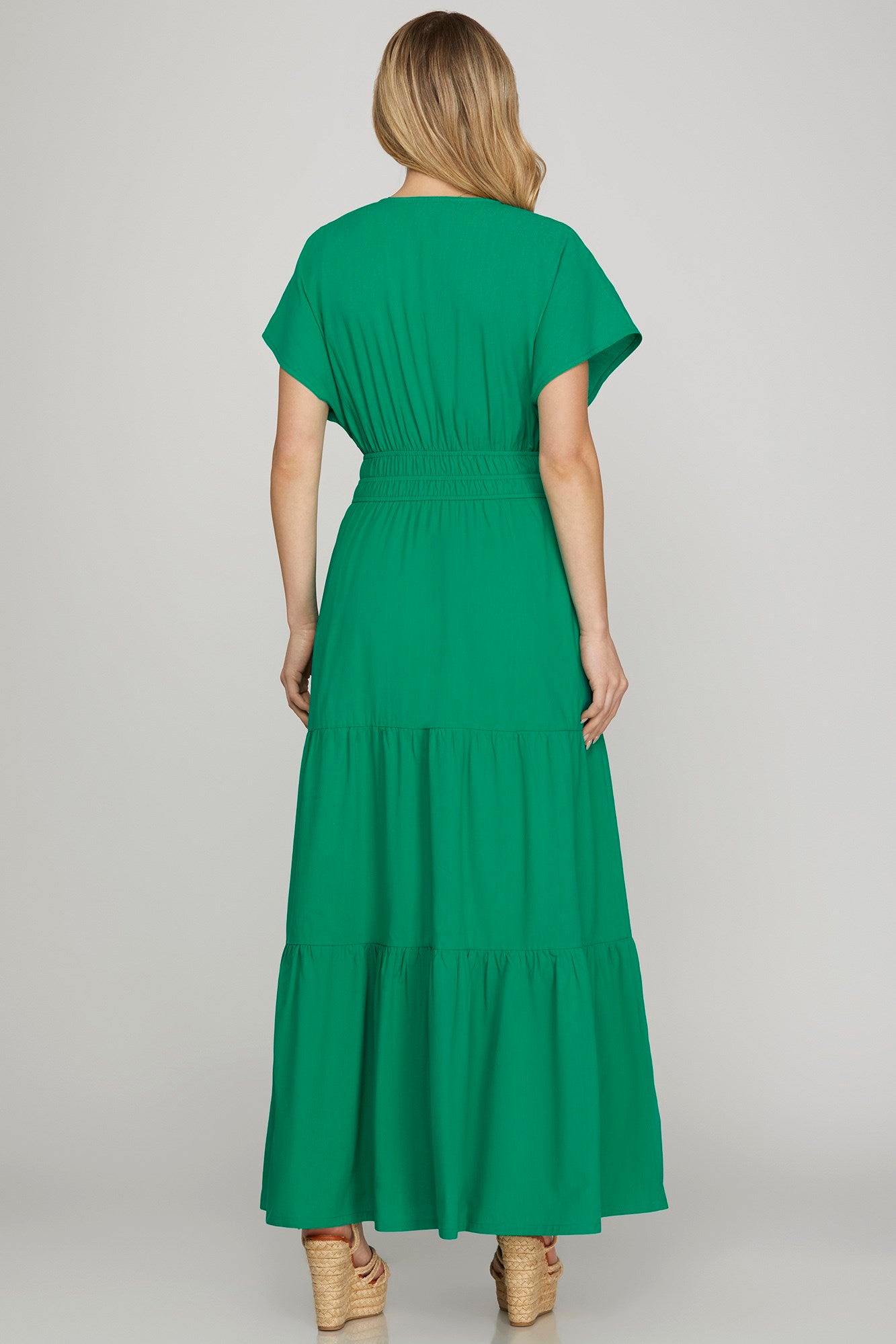 Solid Surplice Dolman Tiered Maxi Dress- Green