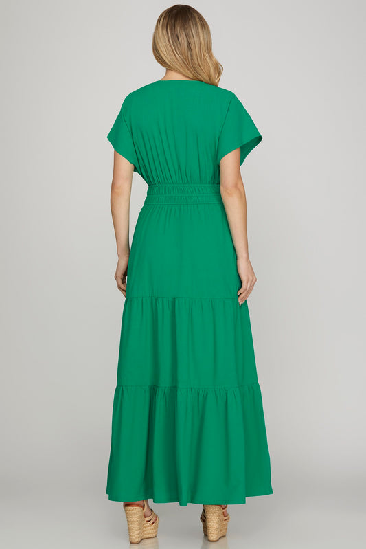 Solid Surplice Dolman Tiered Maxi Dress- Green