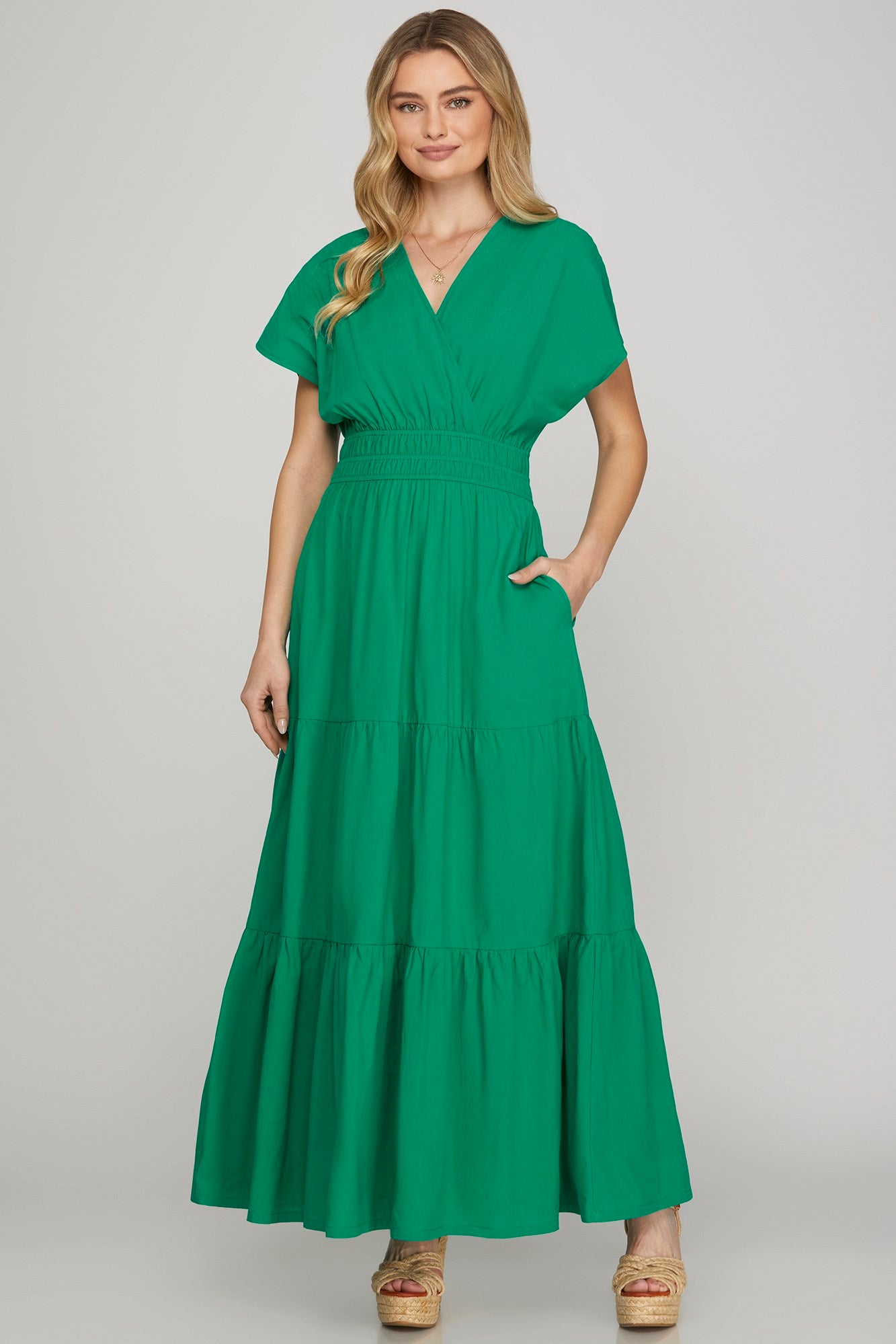Solid Surplice Dolman Tiered Maxi Dress- Green