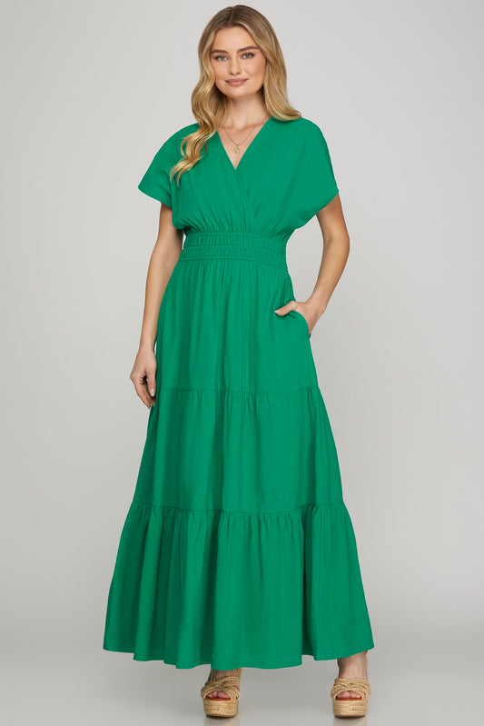 Solid Surplice Dolman Tiered Maxi Dress- Green