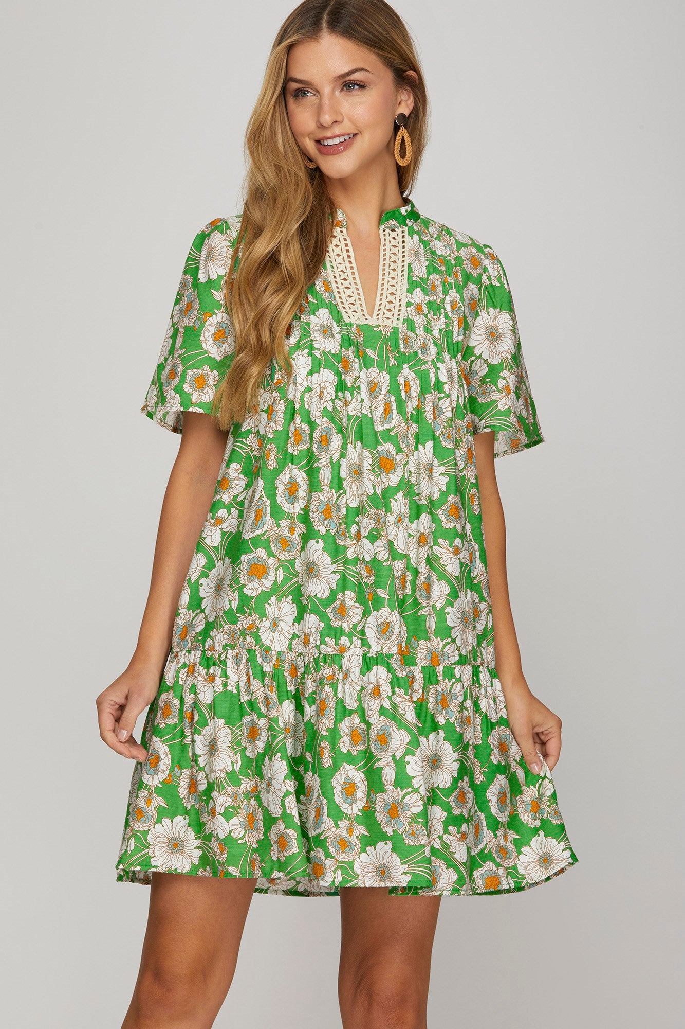 Floral Crochet Trim V-Neck Flutter Sleeve Dress