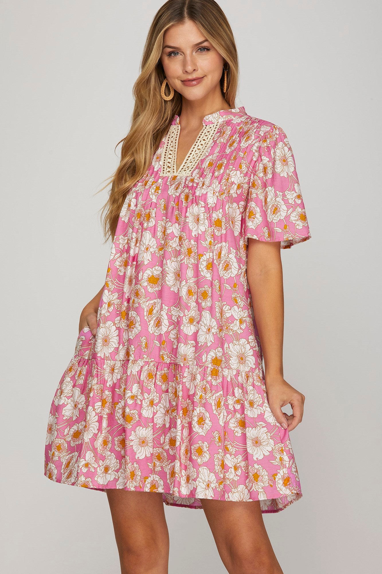Floral Crochet Trim V-Neck Flutter Sleeve Dress