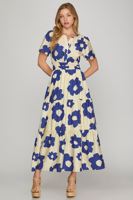 Floral Notch Neck Gathered Wasit Tiered Maxi Dress-Royal