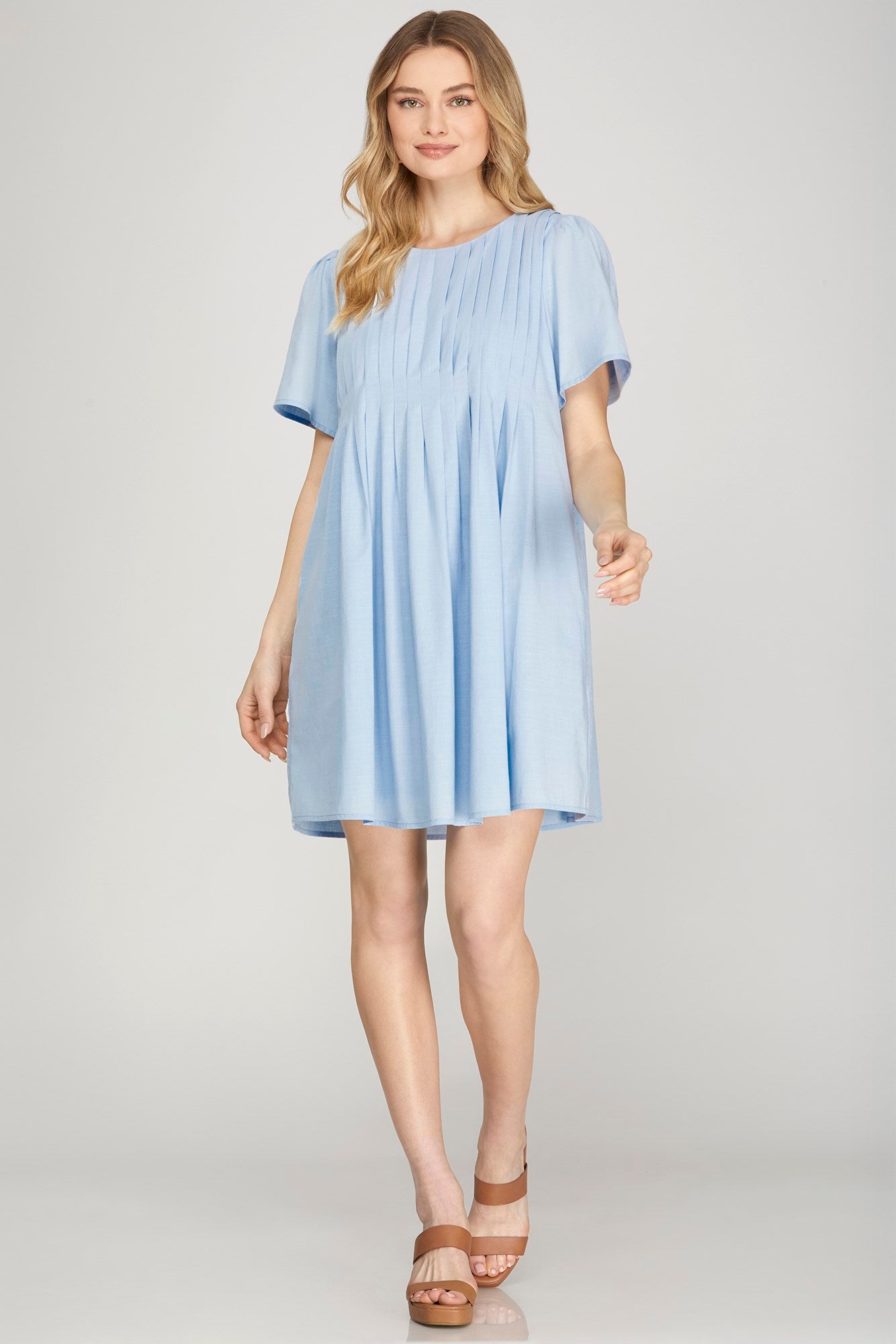 Solid Full Pleated Short Sleeve Dress-Blue