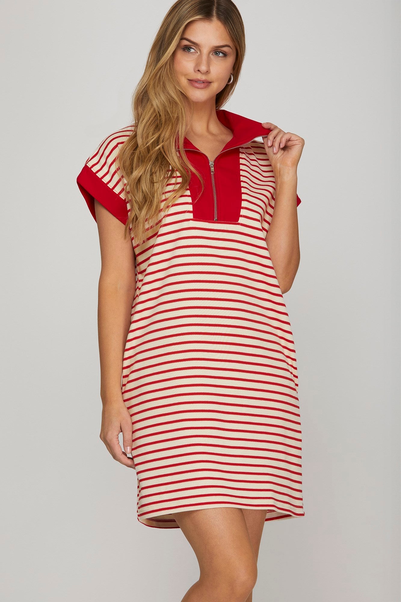 Striped Knit Collared 1/2 Zip Dress