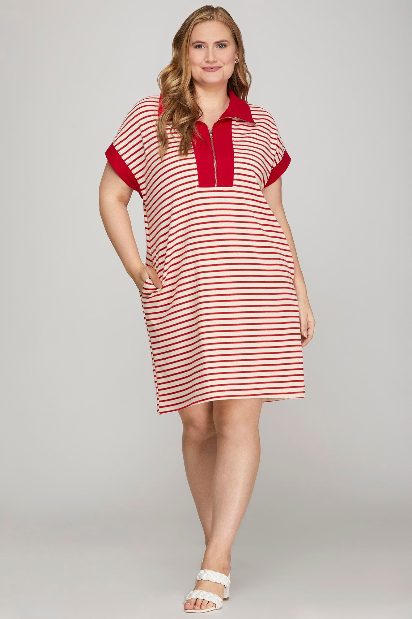Striped Knit Collared 1/2 Zip Dress