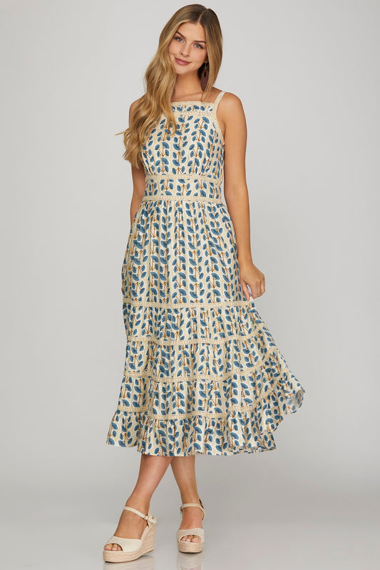 Sleeveless Ginkgo Leaves Tiered Crochet Trim Midi Dress-Blue