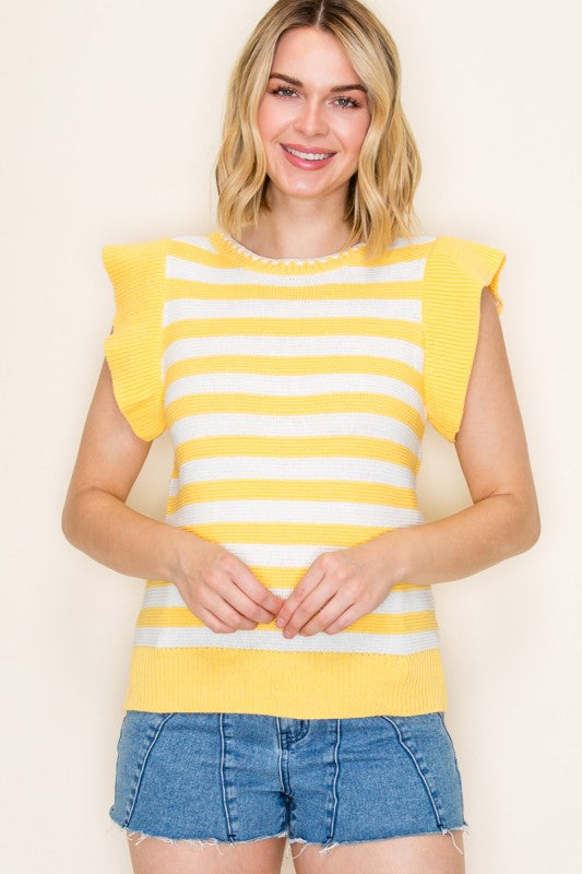 Striped Ruffle Contrast Short Sleeve Sweater-Yellow