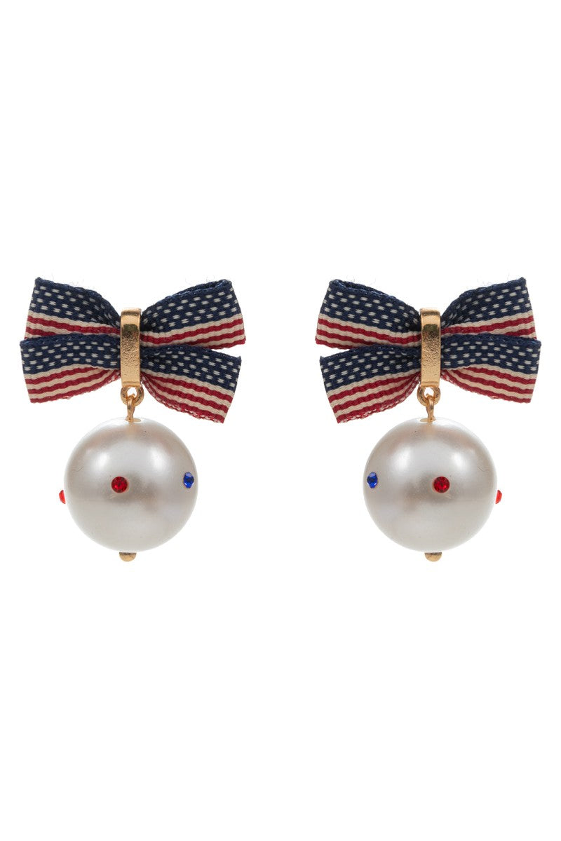 RWB Studded Pearl Drop Flag Bow Earrings
