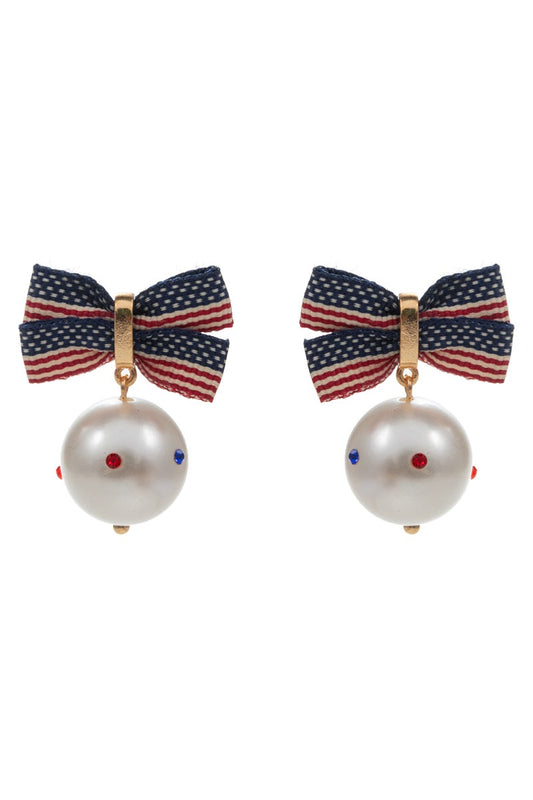 RWB Studded Pearl Drop Flag Bow Earrings