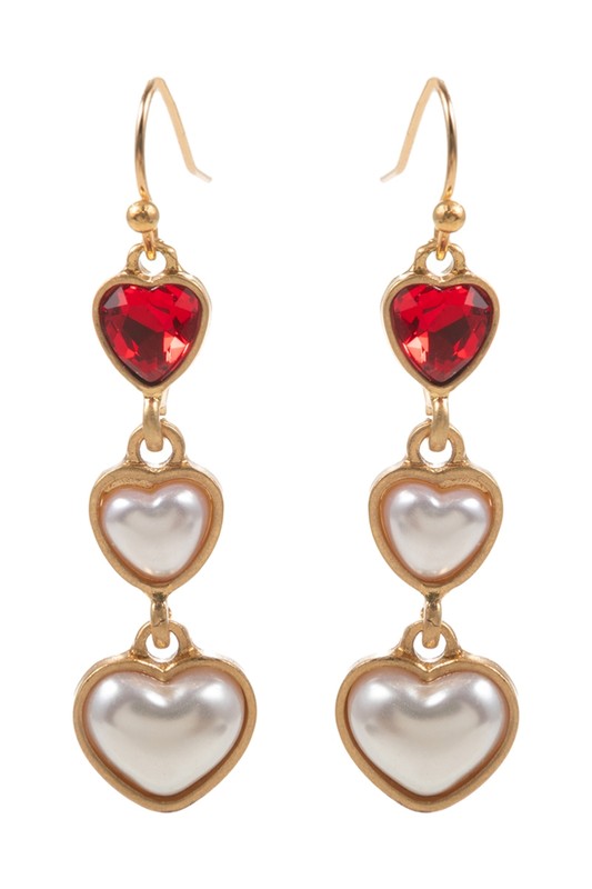 Triple Drop Red Heart & Pearl Hearts Earrings