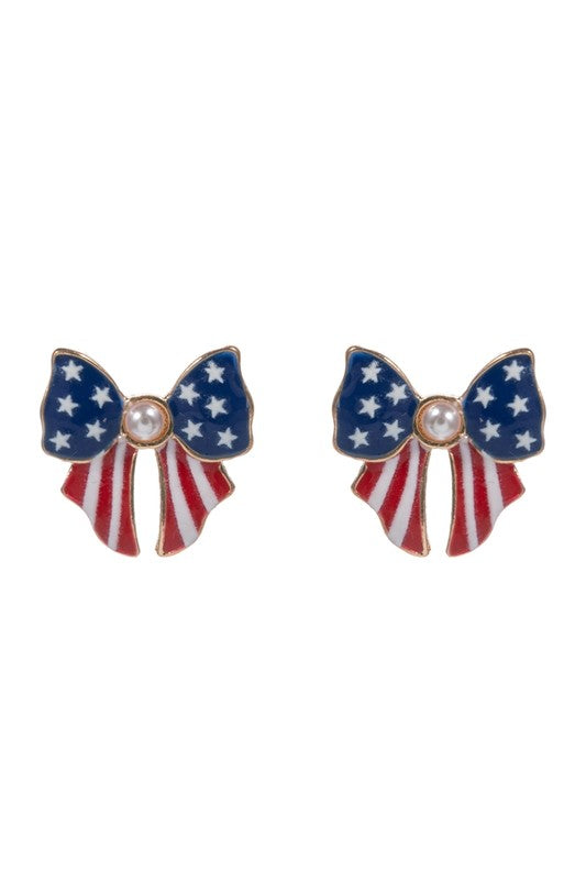 Enamel American Bow Pearl Stud Earring