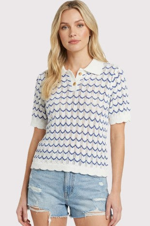Scallop Crochet Half Button Collared Sweater-Ivory/Nvy