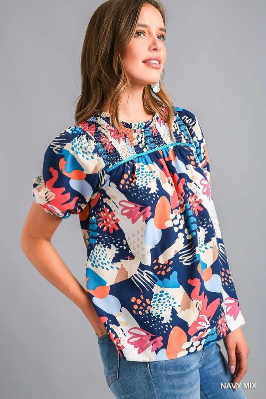 Abstract Print Smocked Puff Sleeve Top- Navy