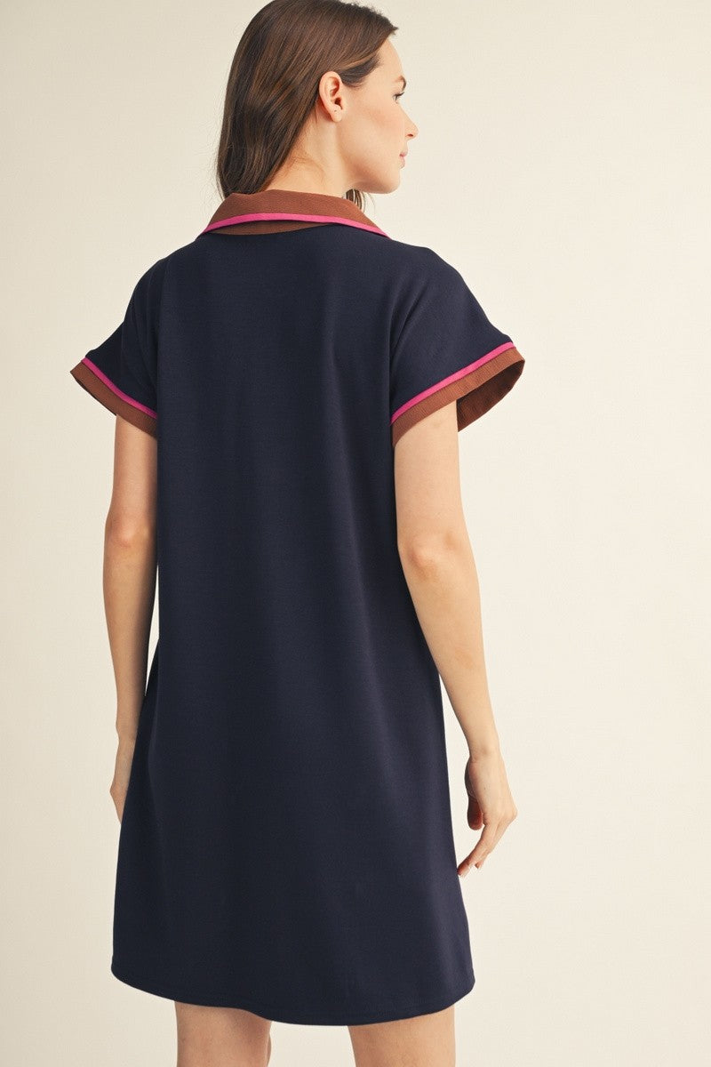 Solid Collared V-Neck Dress w/Contrast Details