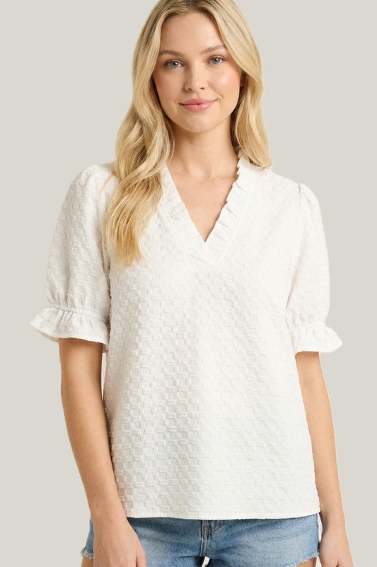 Solid Textured Frill V-Neck Half Sleeve Top