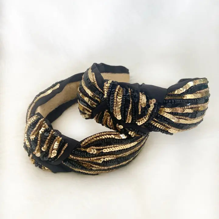 Sequin Beaded Knot Headband - Black & Gold