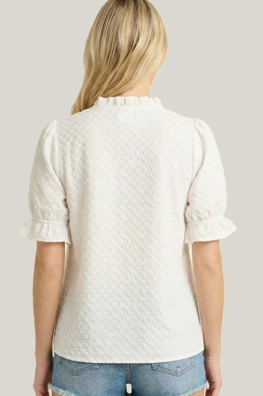 Solid Textured Frill V-Neck Half Sleeve Top