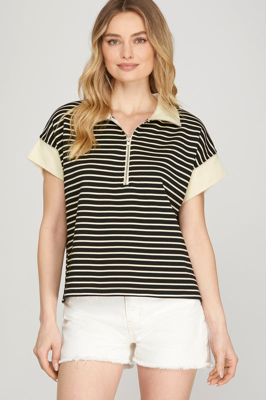 Striped 1/2 Zip Short Sleeve Top