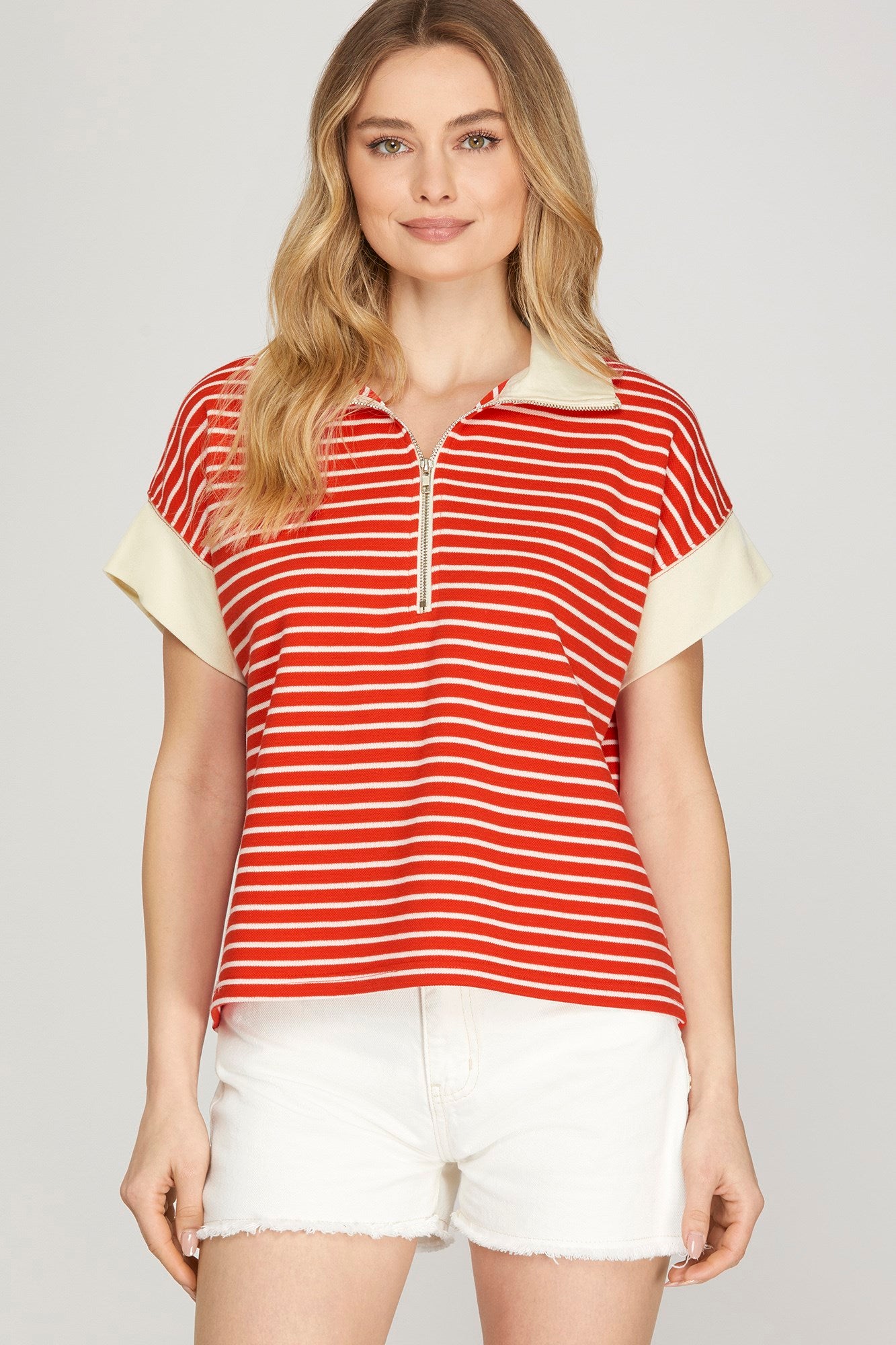Striped 1/2 Zip Short Sleeve Top