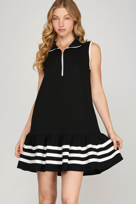 Sleeveless Collared 1/2 Zip Dress w/Striped Hem