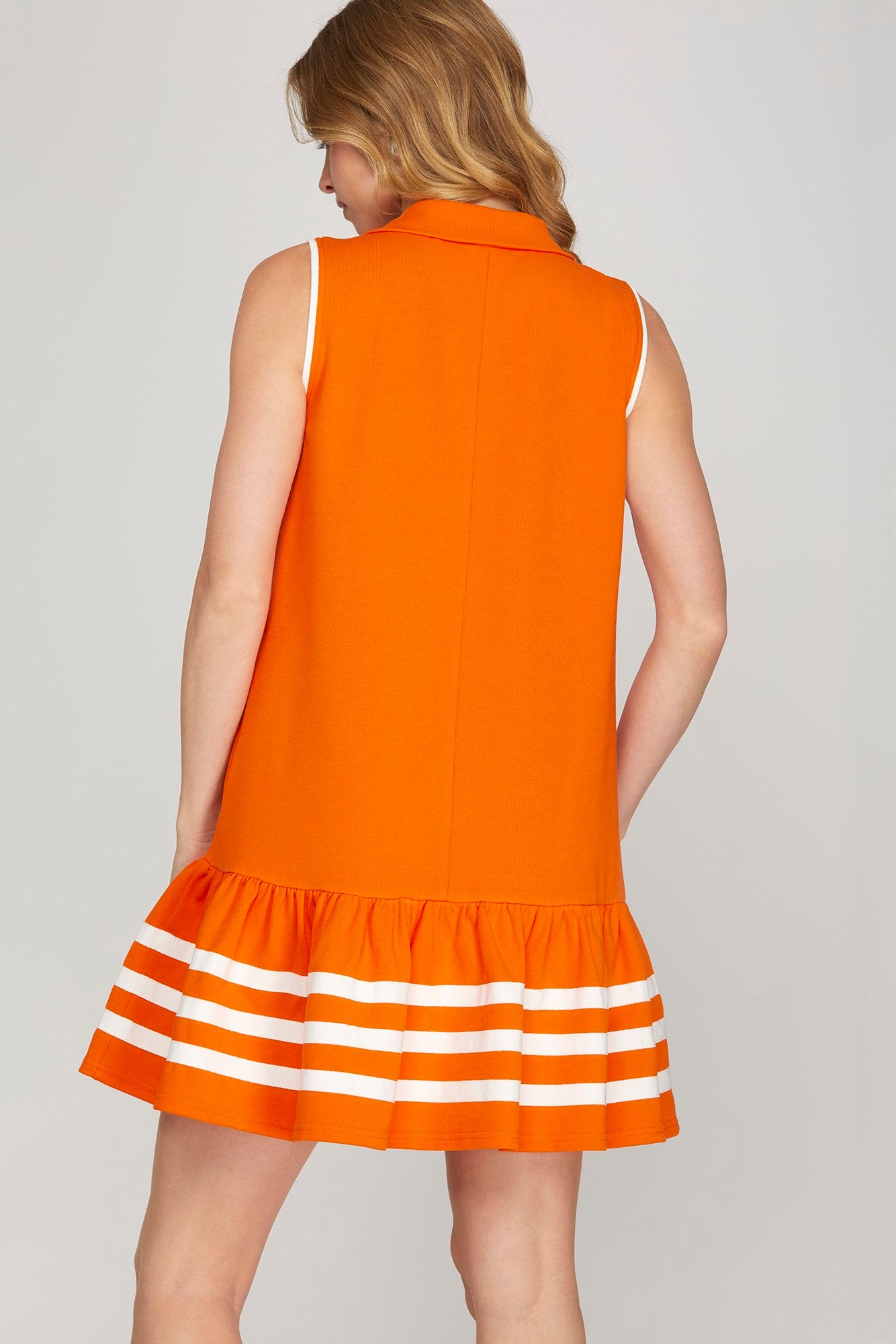 Sleeveless Collared 1/2 Zip Dress w/Striped Hem