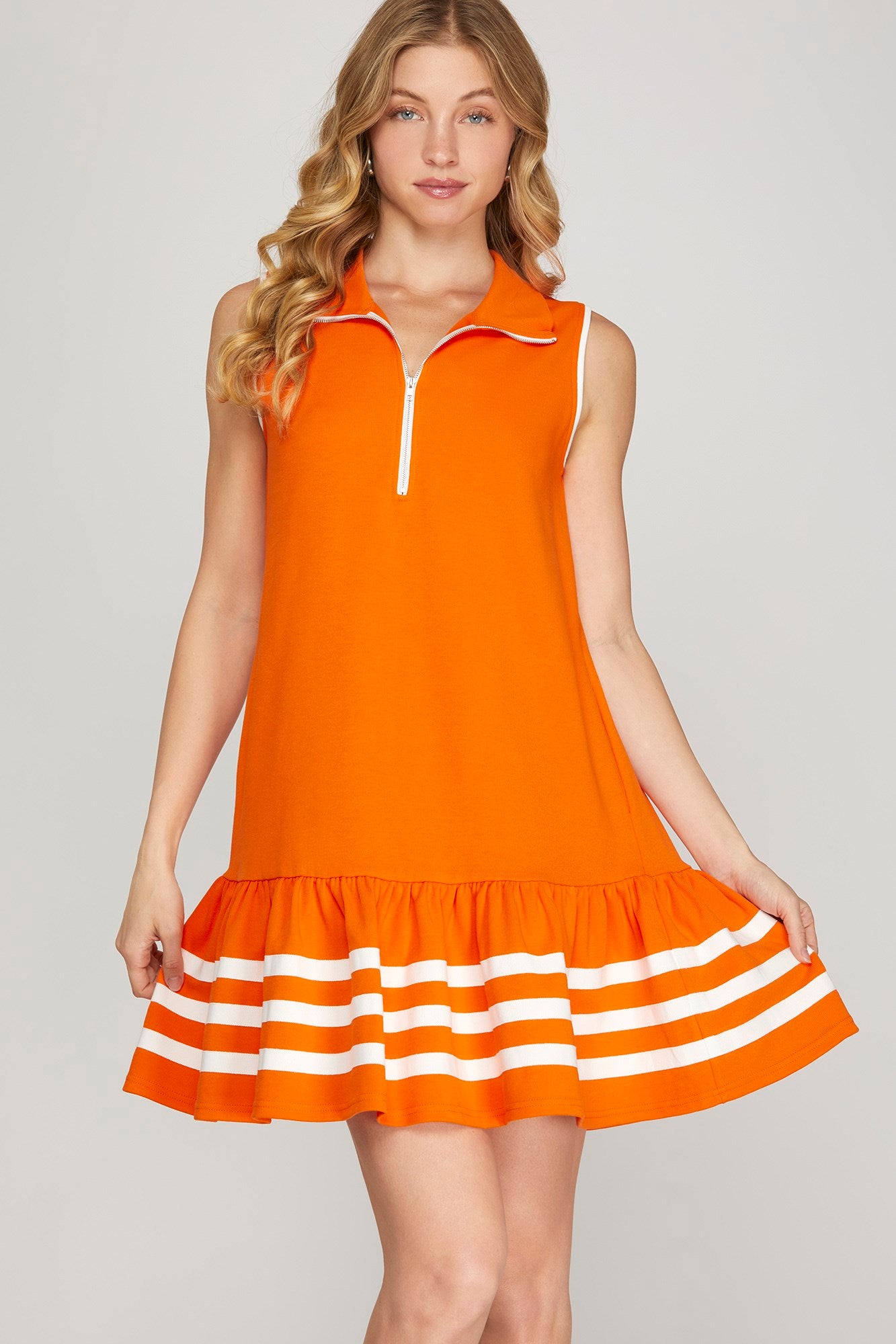 Sleeveless Collared 1/2 Zip Dress w/Striped Hem