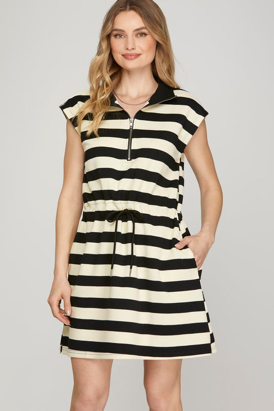 Striped 1/2 Zip Collared Drawstring Waist Dress