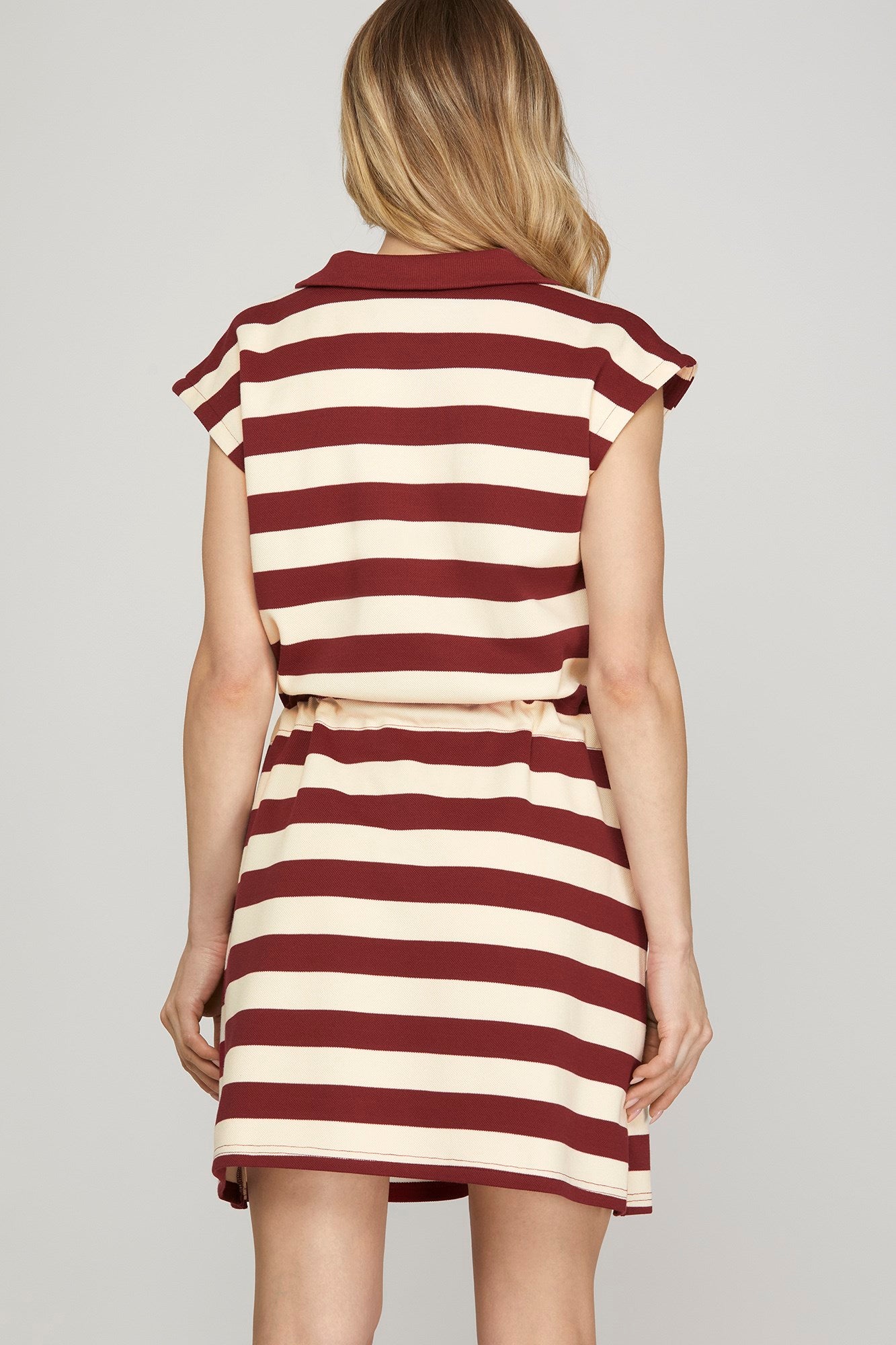 Striped 1/2 Zip Collared Drawstring Waist Dress