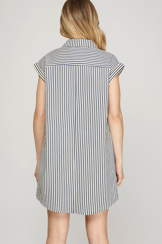 Striped Button Down Short Sleeve Dress-Navy