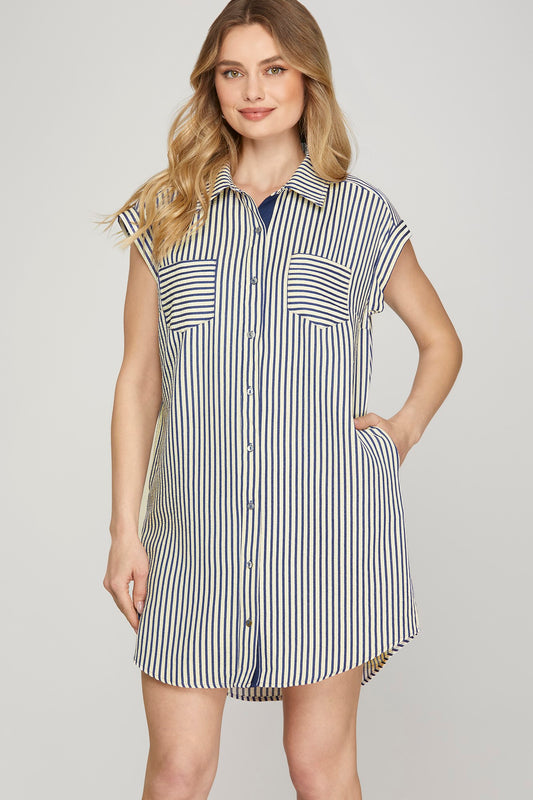 Striped Button Down Short Sleeve Dress-Navy