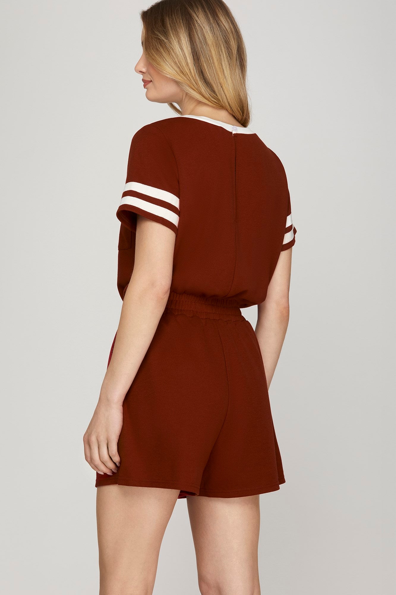 Solid Pocket Romper W/ Striped Elbow Sleeve