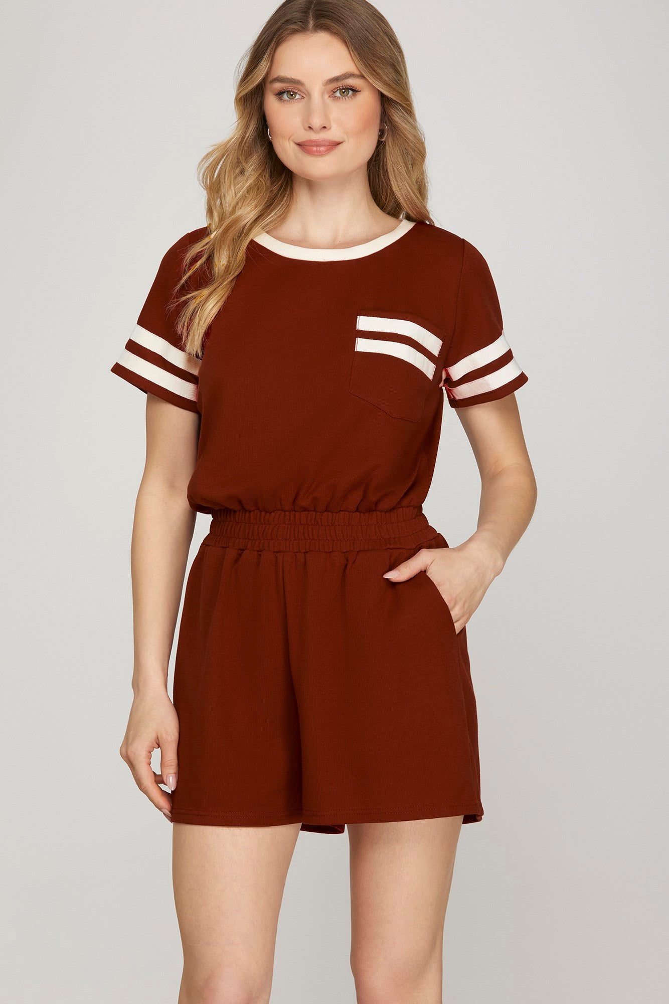 Solid Pocket Romper W/ Striped Elbow Sleeve