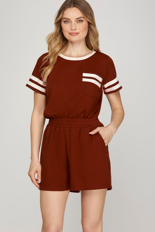 Solid Pocket Romper W/ Striped Elbow Sleeve