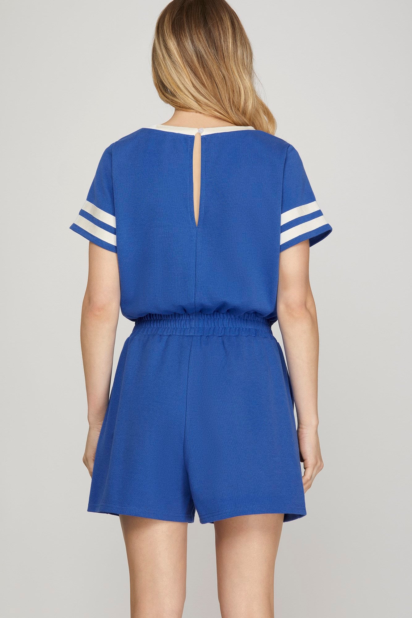 Solid Pocket Romper W/ Striped Elbow Sleeve