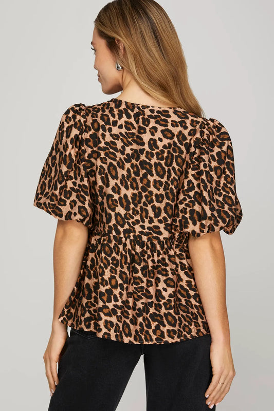 Leopard Peplum Puff Sleeve Bow Tie Top