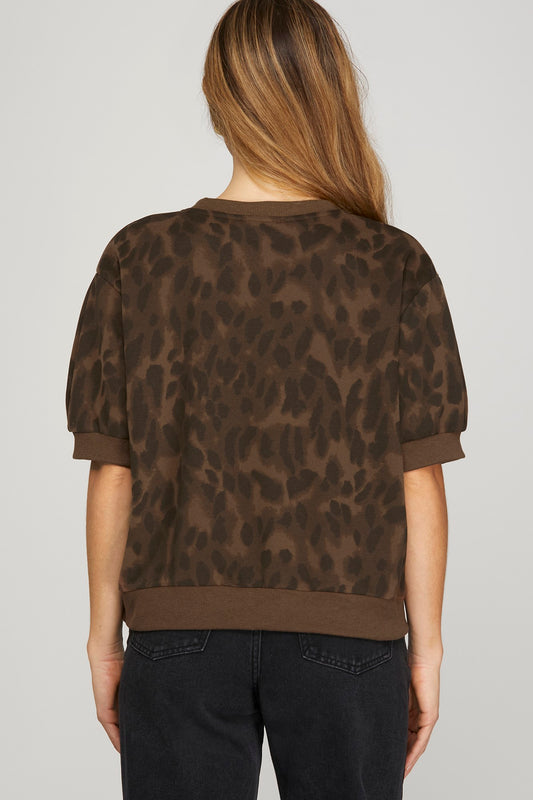 Leopard Round Neck Short Sleeve Knit Top-Brown