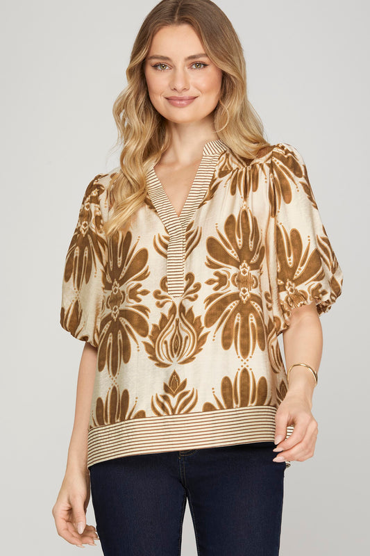 Large Print Top w/Stripe Chest & Hem Accent
