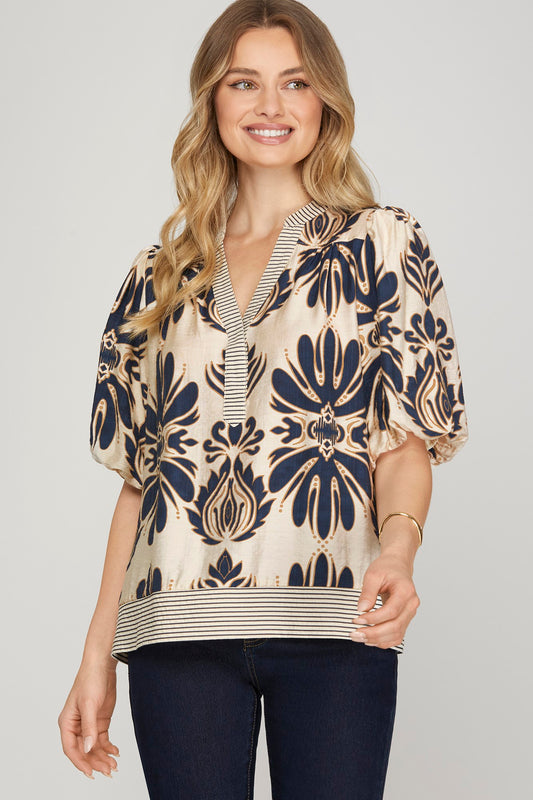 Large Print Top w/Stripe Chest & Hem Accent
