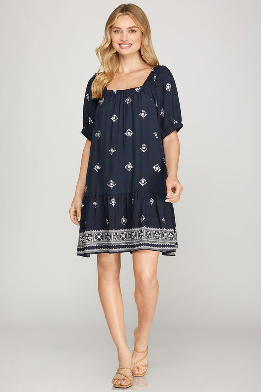 Square Neck Short Sleeve Border Print Dress