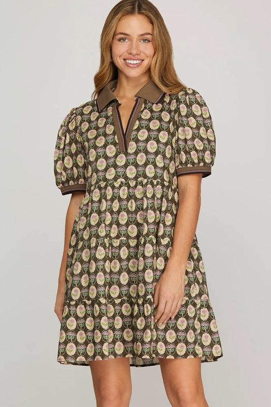 Floral Oval Pattern Dress w/Contrast Collar & Sleeve-Olive