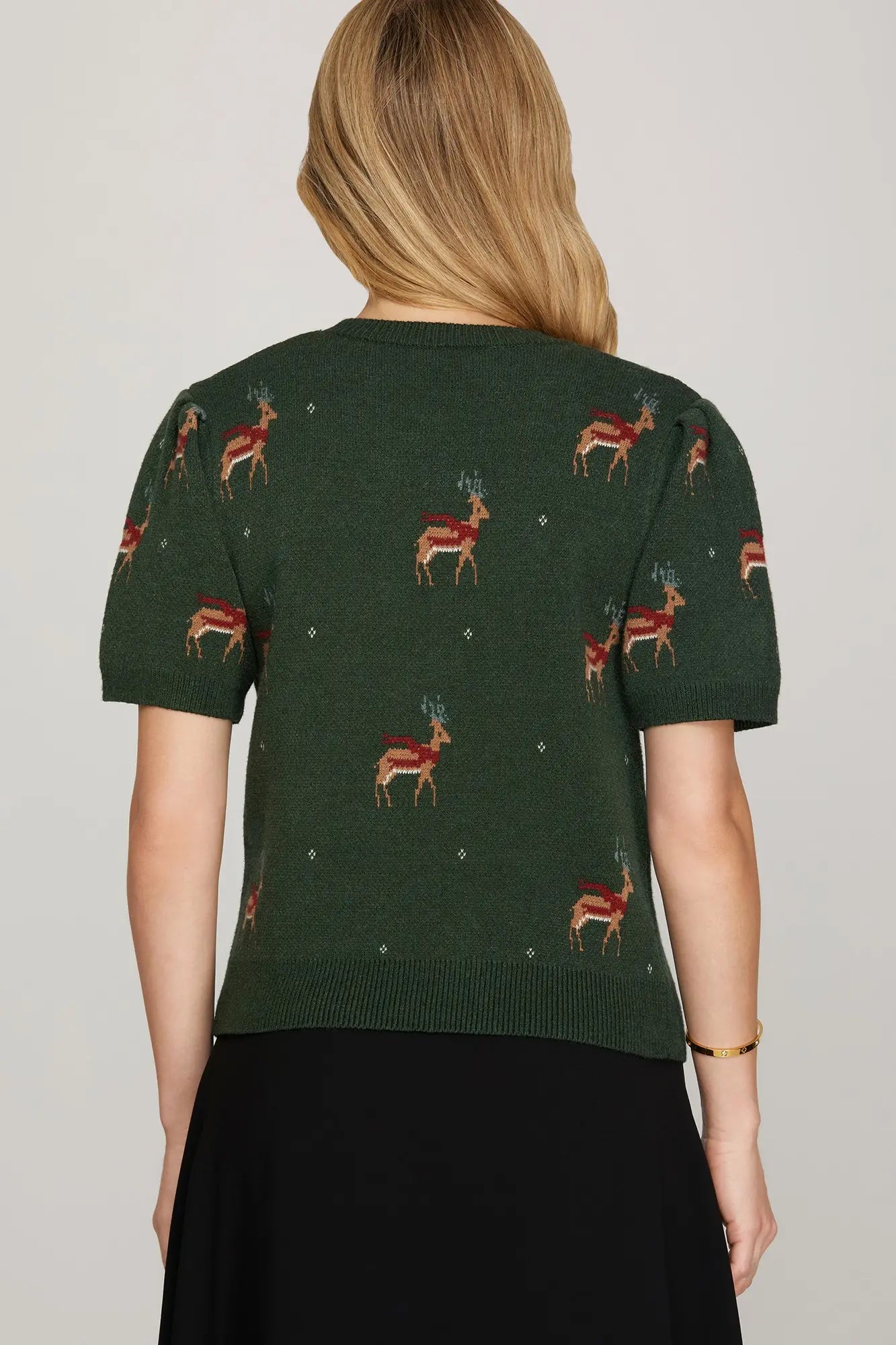 Reindeer Short Puff Sleeve Sweater-Green
